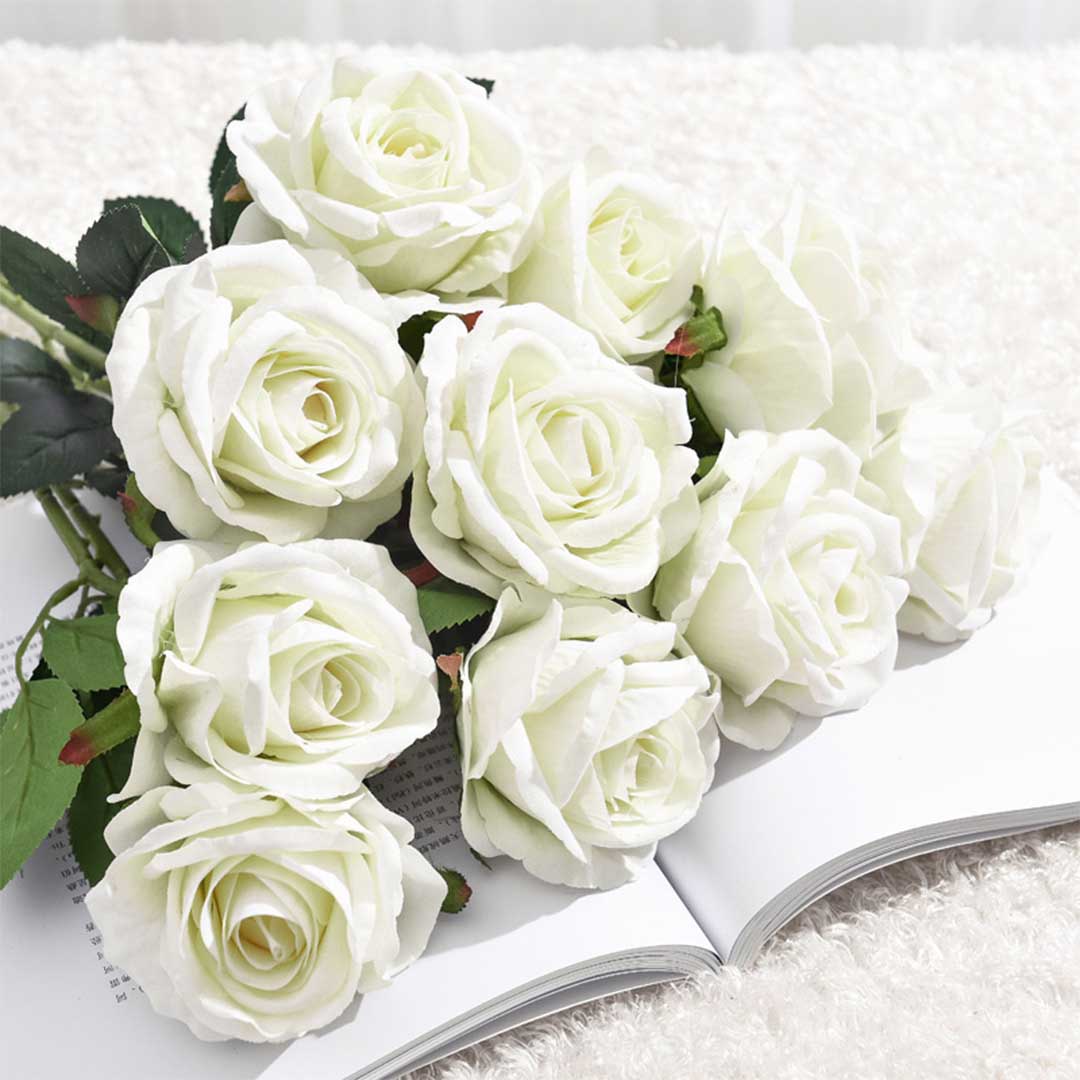 SOGA 10pcs Artificial Silk Flower Fake Rose Bouquet Table Decor White