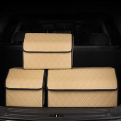 SOGA 4X Leather Car Boot Collapsible Foldable Trunk Cargo Organizer Portable Storage Box Beige/Gold Stitch Large