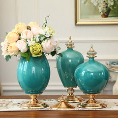 SOGA 2x 38cm Ceramic Oval Flower Vase with Gold Metal Base Dark Blue