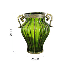 SOGA Green Colored European Glass Home Decor Flower Vase with Two Metal Handle