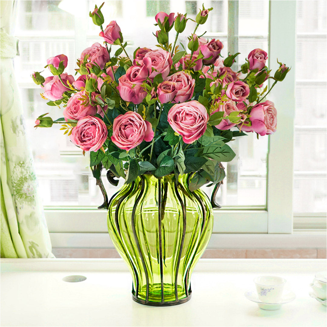 SOGA Green Colored Glass Flower Vase with 10 Bunch 6 Heads Artificial Fake Silk Rose Home Decor Set