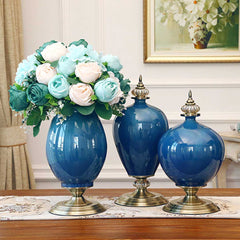 SOGA 3x Ceramic Oval Flower Vase with White Flower Set Green
