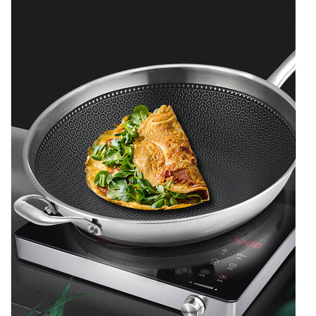 SOGA 18/10 Stainless Steel Fry Pan 34cm Frying Pan Top Grade Textured Non Stick Interior Skillet with Helper Handle and Lid