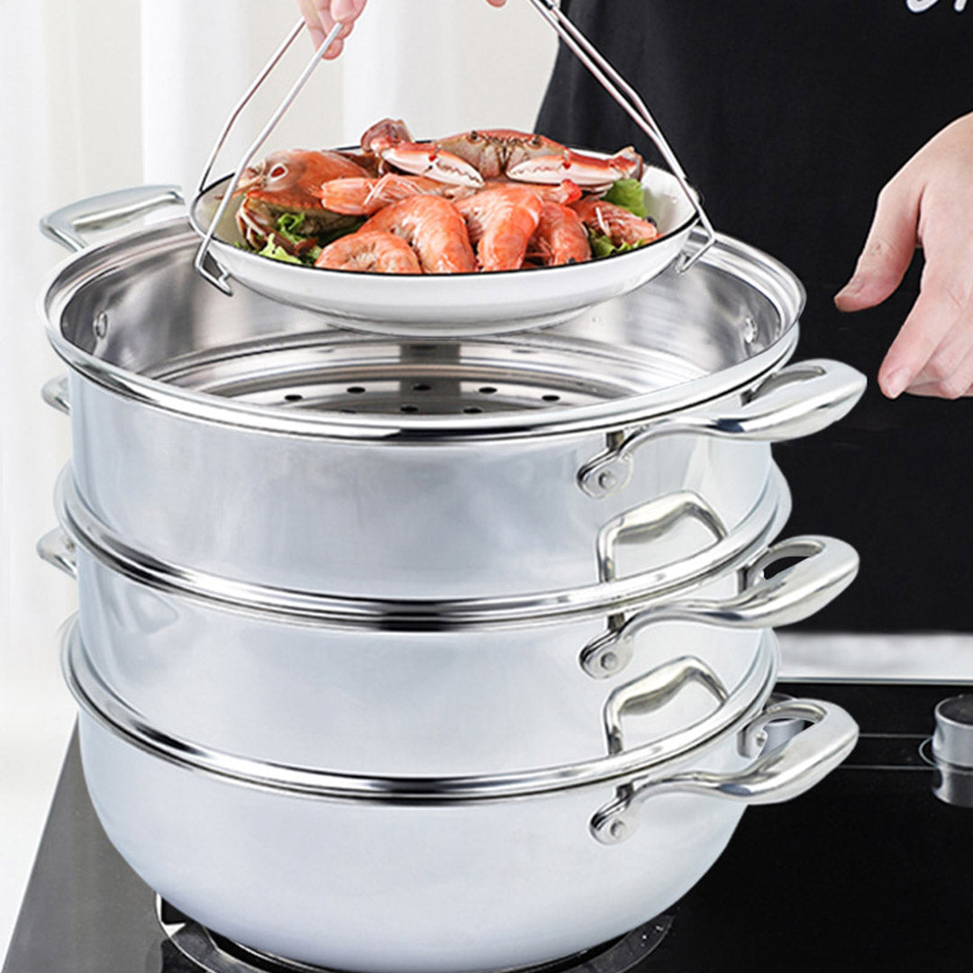 SOGA 3 Tier 30cm Heavy Duty Stainless Steel Food Steamer Vegetable Pot Stackable Pan Insert with Glass Lid
