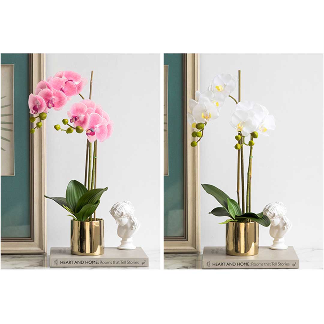 SOGA White Artificial Fake Orchid Flower in Copper Metal Vase Set