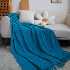 SOGA 2X Blue Diamond Pattern Knitted Throw Blanket Warm Cozy Woven Cover Couch Bed Sofa Home Decor with Tassels