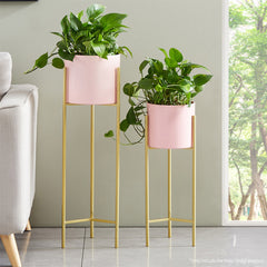 SOGA 4X 2 Layer 42cm Gold Metal Plant Stand with Pink Flower Pot Holder Corner Shelving Rack Indoor Display