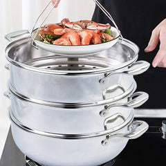 SOGA 2X 3 Tier 30cm Heavy Duty Stainless Steel Food Steamer Vegetable Pot Stackable Pan Insert with Glass Lid