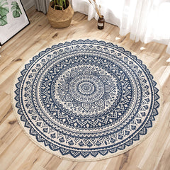 SOGA 2X Dark Blue Carpet Soft Linen Bohemian Non-Slip Floor Retro Minimalist Round Rug Home Decor with Tassels