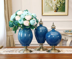 SOGA 2x 42cm Ceramic Oval Flower Vase with Gold Metal Base Dark Blue