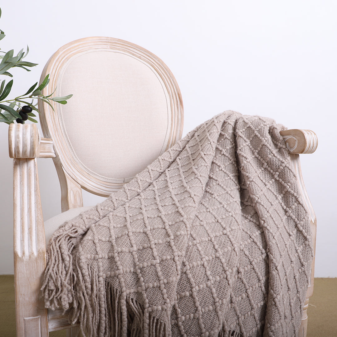 SOGA 2X Coffee Diamond Pattern Knitted Throw Blanket Warm Cozy Woven Cover Couch Bed Sofa Home Decor with Tassels
