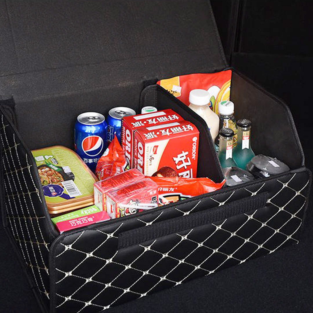 SOGA Leather Car Boot Collapsible Foldable Trunk Cargo Organizer Portable Storage Box Black/Gold Stitch Medium