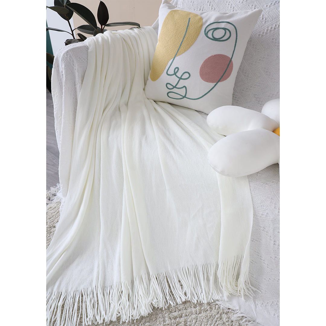 SOGA 2X White Acrylic Knitted Throw Blanket Solid Fringed Warm Cozy Woven Cover Couch Bed Sofa Home Decor