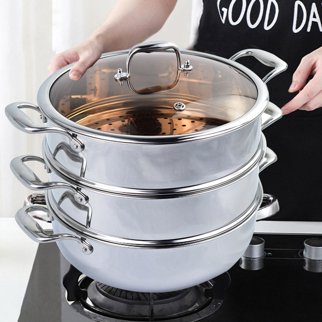 SOGA 3 Tier 28cm Heavy Duty Stainless Steel Food Steamer Vegetable Pot Stackable Pan Insert with Glass Lid