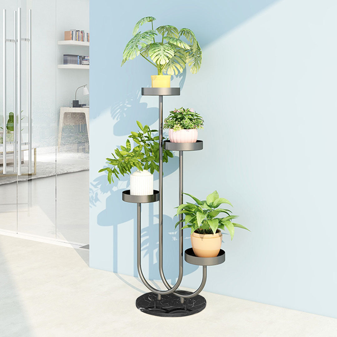 SOGA U Shaped Plant Stand Round Flower Pot Tray Living Room Balcony Display Black Metal Decorative Shelf