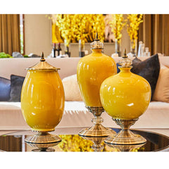 SOGA 2x 40cm Ceramic Oval Flower Vase with Gold Metal Base Green