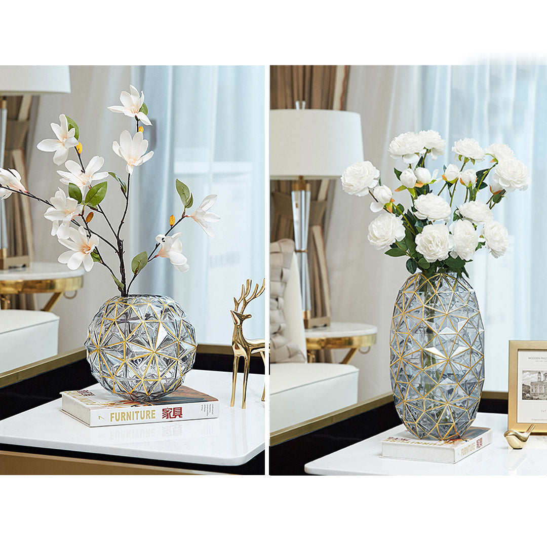 SOGA Grey Colored Diamond Cut Glass Flower Vase Round Jar Home Decor with Gold Accent Large and Medium Set