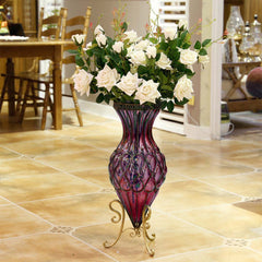 SOGA 67cm Purple Glass Tall Floor Vase with Metal Flower Stand