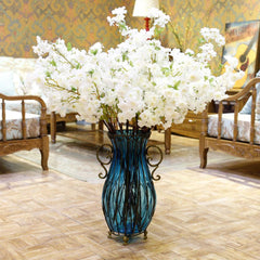SOGA 51cm Blue Glass Oval Floor Vase with Metal Flower Stand