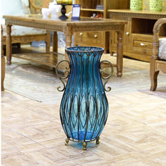 SOGA 51cm Blue Glass Tall Floor Vase and 10pcs White Artificial Fake Flower Set