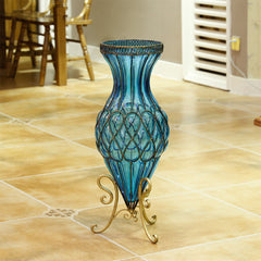 SOGA 67cm Blue Glass Tall Floor Vase and 12pcs Dark Pink Artificial Fake Flower Set