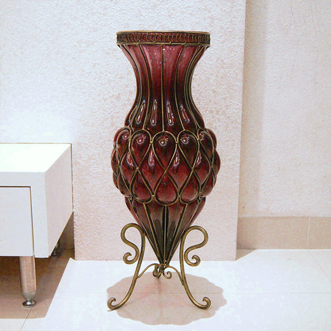 SOGA 67cm Purple Glass Tall Floor Vase and 12pcs Dark Pink Artificial Fake Flower Set