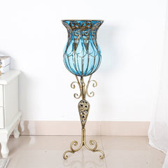 SOGA 85cm Blue Glass Tall Floor Vase and 12pcs Dark Pink Artificial Fake Flower Set