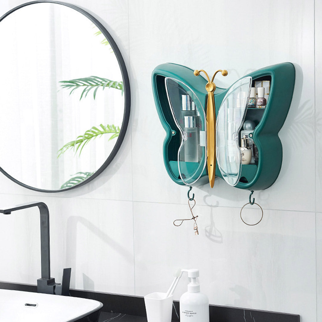 SOGA 2X Green Butterfly Shape Wall-Mounted Makeup Organiser Dustproof Waterproof Bathroom Storage Box Home Decor