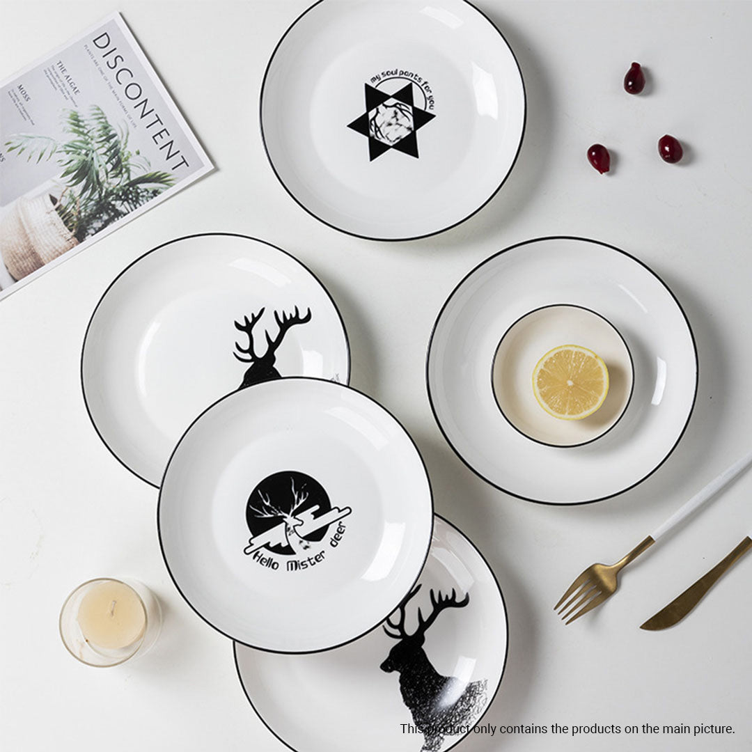 SOGA White Antler Printed Ceramic Dinnerware Set Crockery Soup Bowl Plate Server Kitchen Home Decor Set of 34