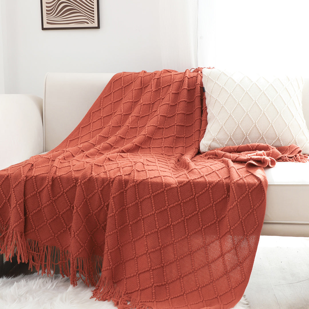 SOGA 2X Red Diamond Pattern Knitted Throw Blanket Warm Cozy Woven Cover Couch Bed Sofa Home Decor with Tassels