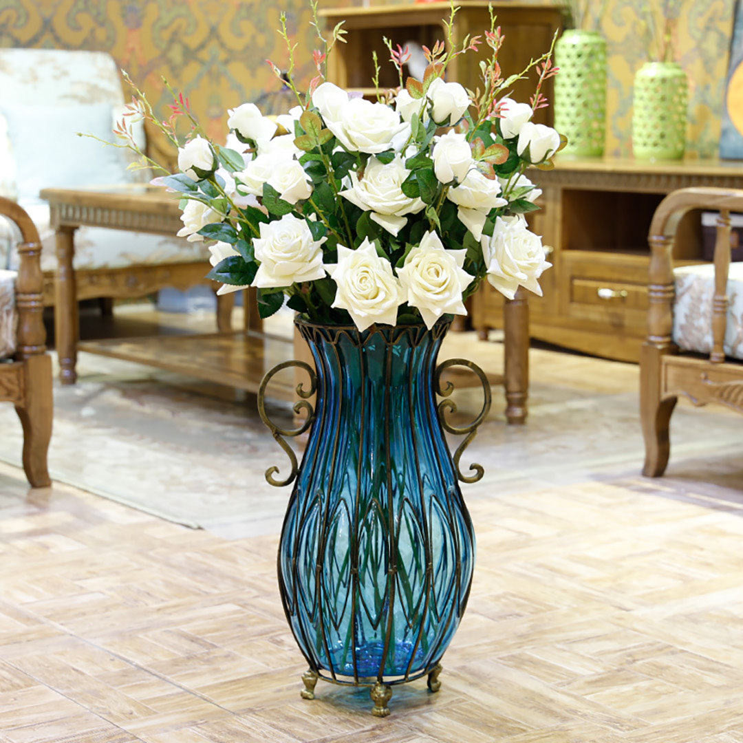 SOGA 51cm Blue Glass Tall Floor Vase with 12pcs White Artificial Fake Flower Set