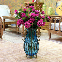 SOGA 51cm Blue Glass Tall Floor Vase with 12pcs Artificial Fake Flower Set