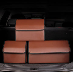 SOGA 4X Leather Car Boot Collapsible Foldable Trunk Cargo Organizer Portable Storage Box Coffee/Gold Stitch Large