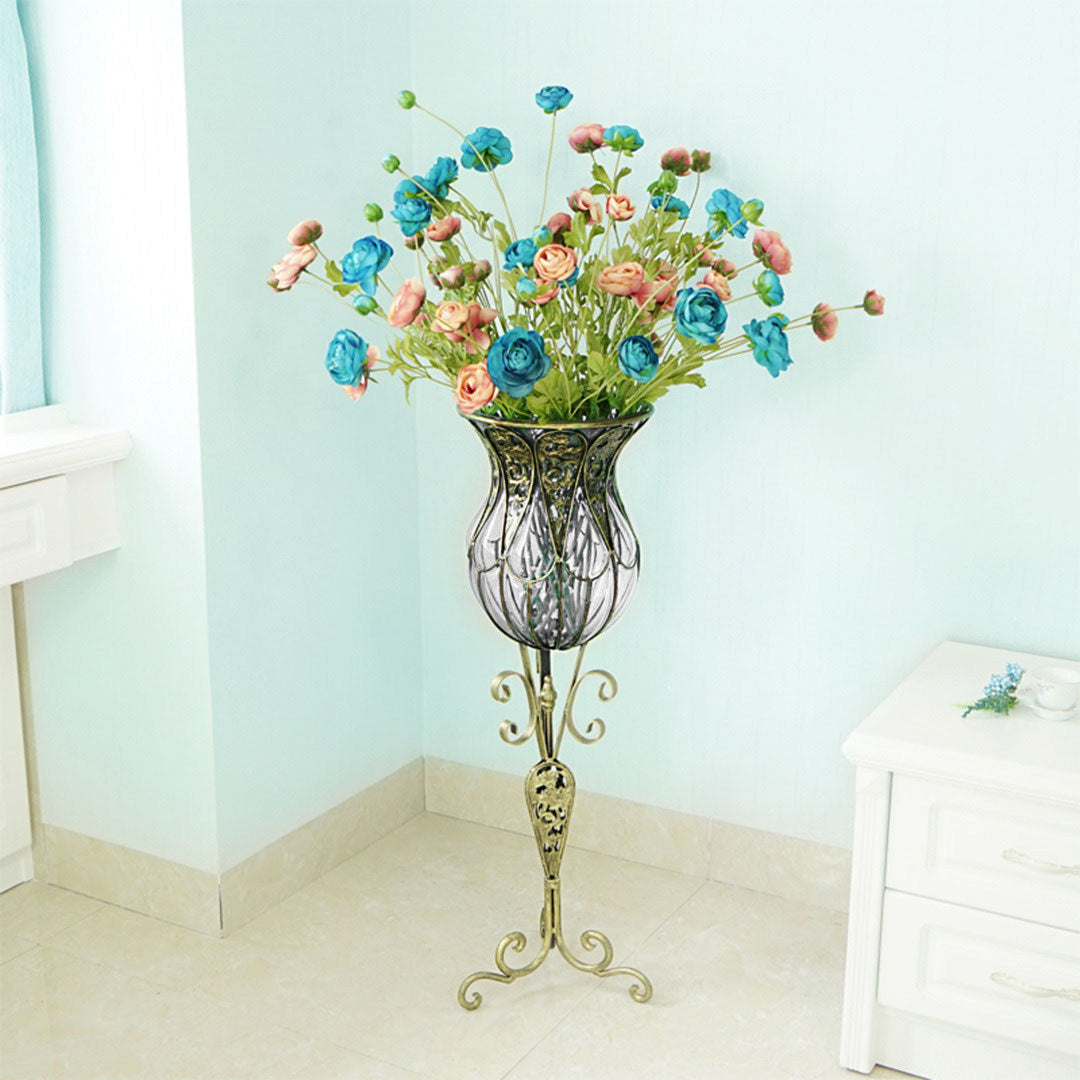 SOGA 85cm Clear Glass Tall Floor Vase with 12pcs Artificial Fake Flower Set