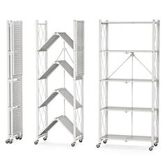 SOGA 5 Tier Steel White Foldable Kitchen Cart Multi-Functional Shelves Portable Storage Organizer with Wheels