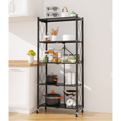 SOGA 5 Tier Steel Black Foldable Kitchen Cart Multi-Functional Shelves Portable Storage Organizer with Wheels
