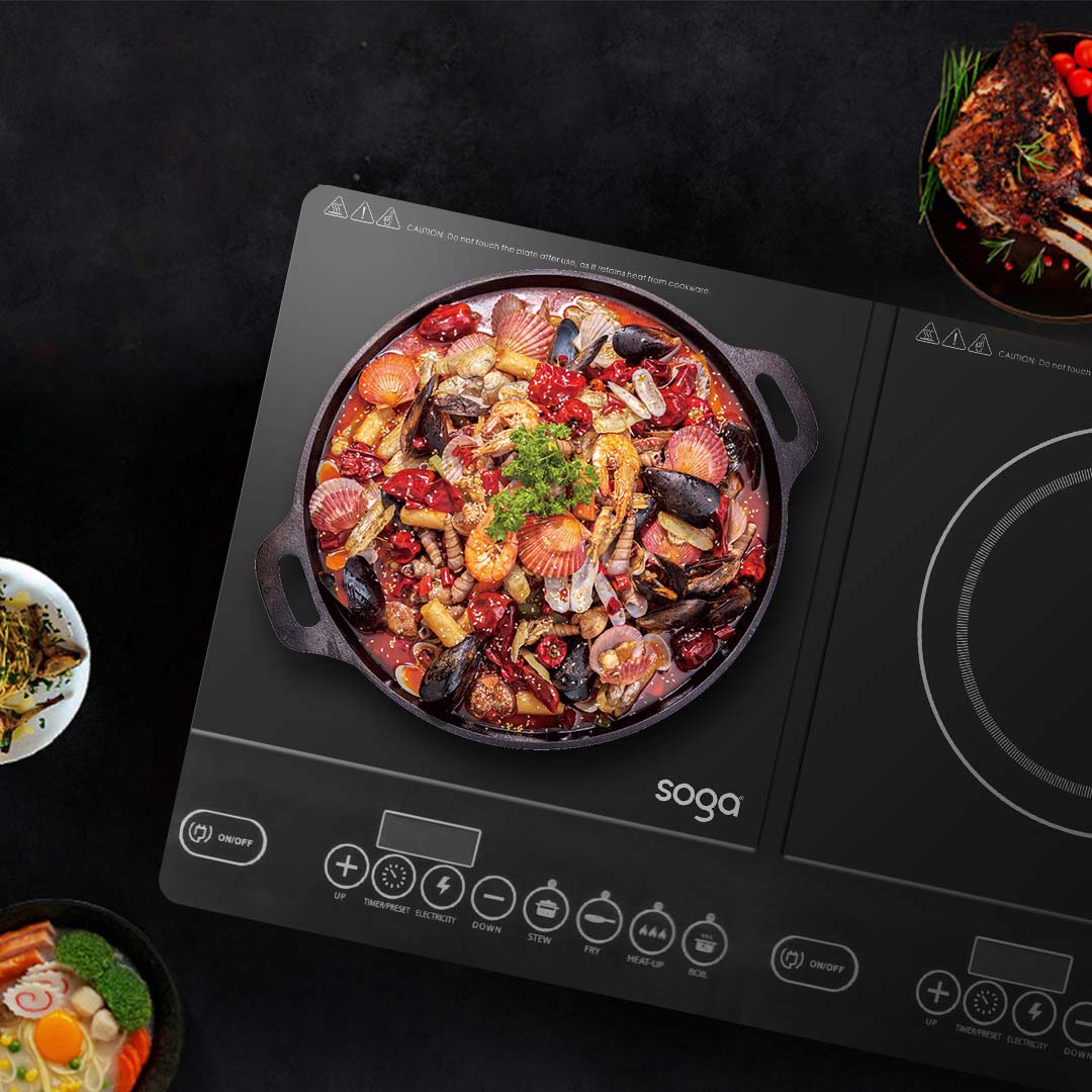 SOGA Dual Burners Cooktop Stove 14L Stainless Steel Stockpot and 28cm Induction Fry Pan