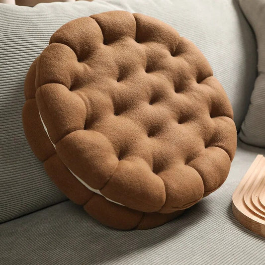 Anyhouz Plush Pillow Dark Brown Round Double Biscuit Shape Stuffed Soft Pillow Seat Cushion Room Decor