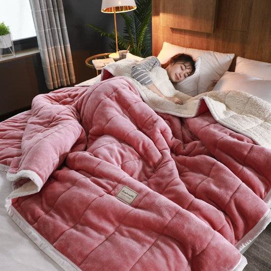 Anyhouz Blanket Dark Pink Coral Fleece Autumn Winter Warm 3 Layers Thicken Flannel Soft Comfortable Warmth Quilts Washable 150x200cm