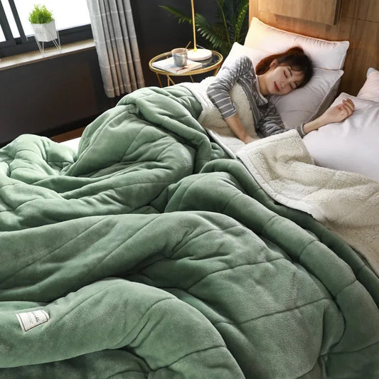 Anyhouz Blanket Green Coral Fleece Autumn Winter Warm 3 Layers Thicken Flannel Soft Comfortable Warmth Quilts Washable 120x200cm